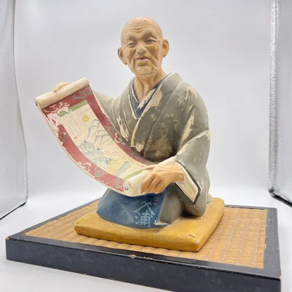 Hakata Urasaki Clay Doll Man Ancient Scroll Moon Painting With Tatami Mat Stand - Picture 2 of 15